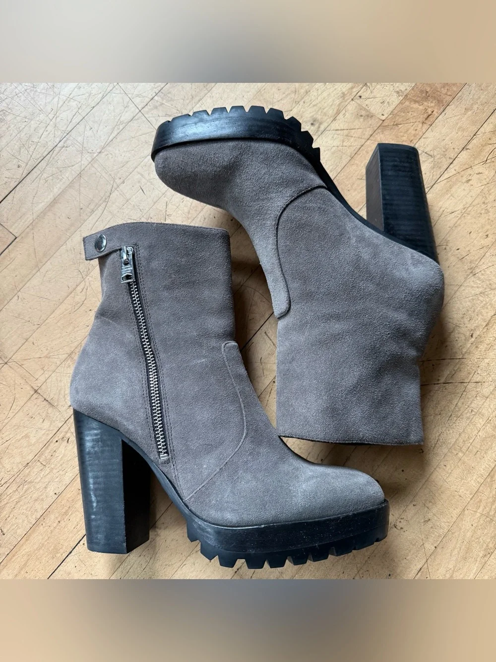 ALL SAINTS Grey Suede Lug Sole Zip Up Stacked Heel Moto Ankle Booties Ana 39
